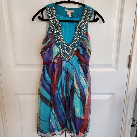 Alberto Makali blue tie dye Print Beaded embroidered Sleeveless chiffon Dress M - Picture 12 of 13